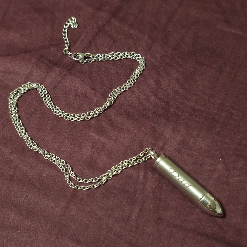 Necklace OS Bullet Urn Men's Silver Memorial Dad Engraved Cross Pendant